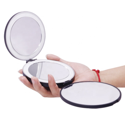 Miroir de voyage compact à trois côtés avec éclairage LED (grossissement 5x et 10x) - Noir